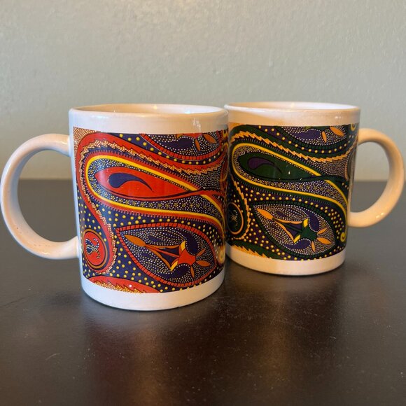 Set of 2 Australia Aboriginal Dot Painting  DreamTime Art Inspired Ceramic Mugs - Picture 1 of 14